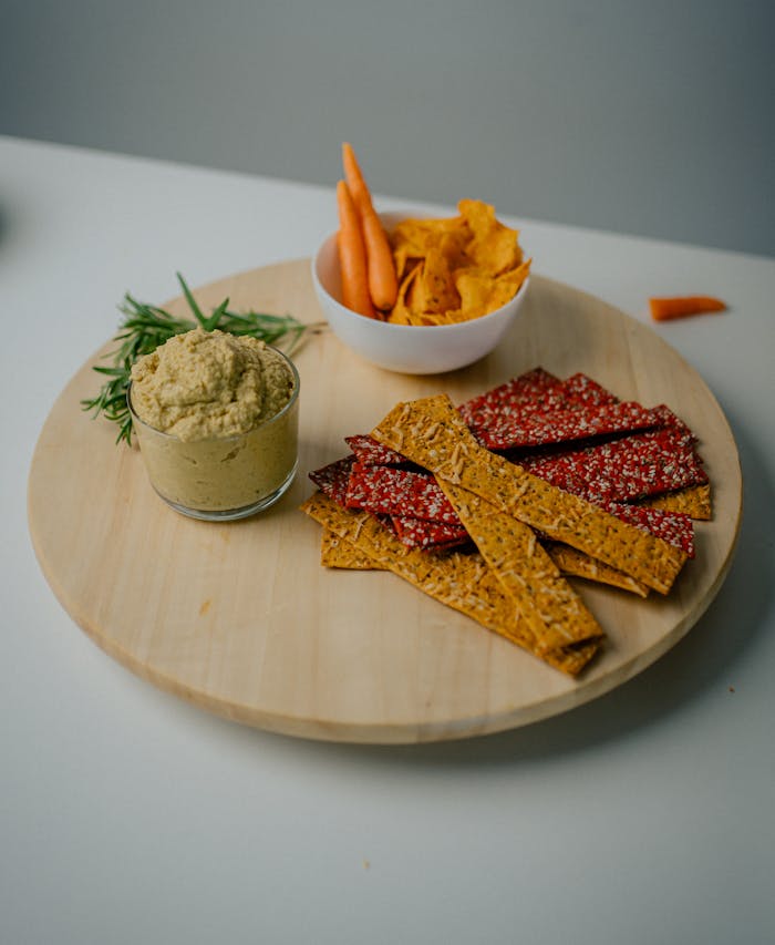 A wooden tray with hummus, assorted crackers, and fresh vegetables for a healthy snack.